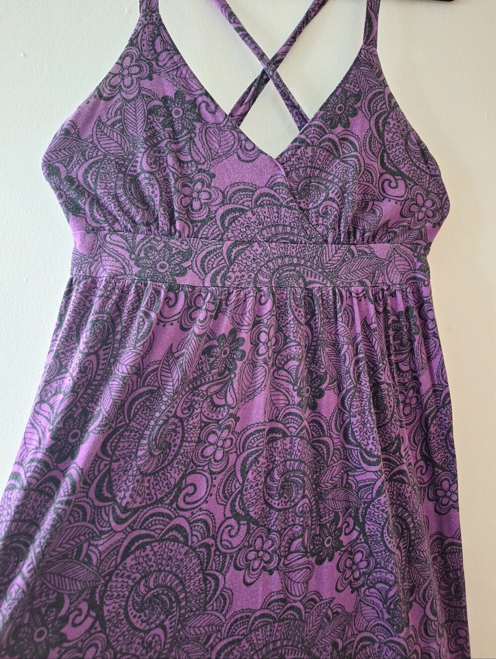 Boho Purple Maxi Dress w/Cross In Back Straps Black Paisley Print Cotton Stretch